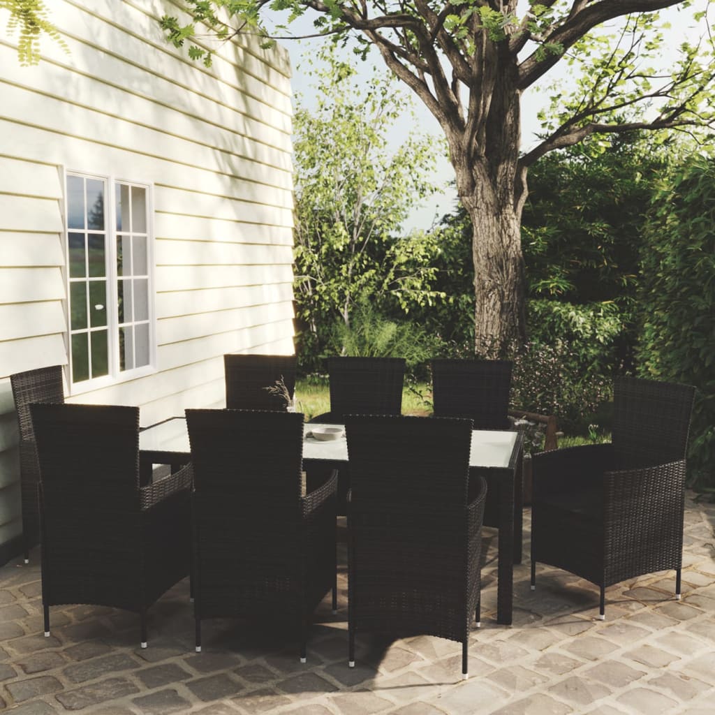 9-Tlg. Garten-Essgruppe Mit Kissen Poly Rattan Schwarz