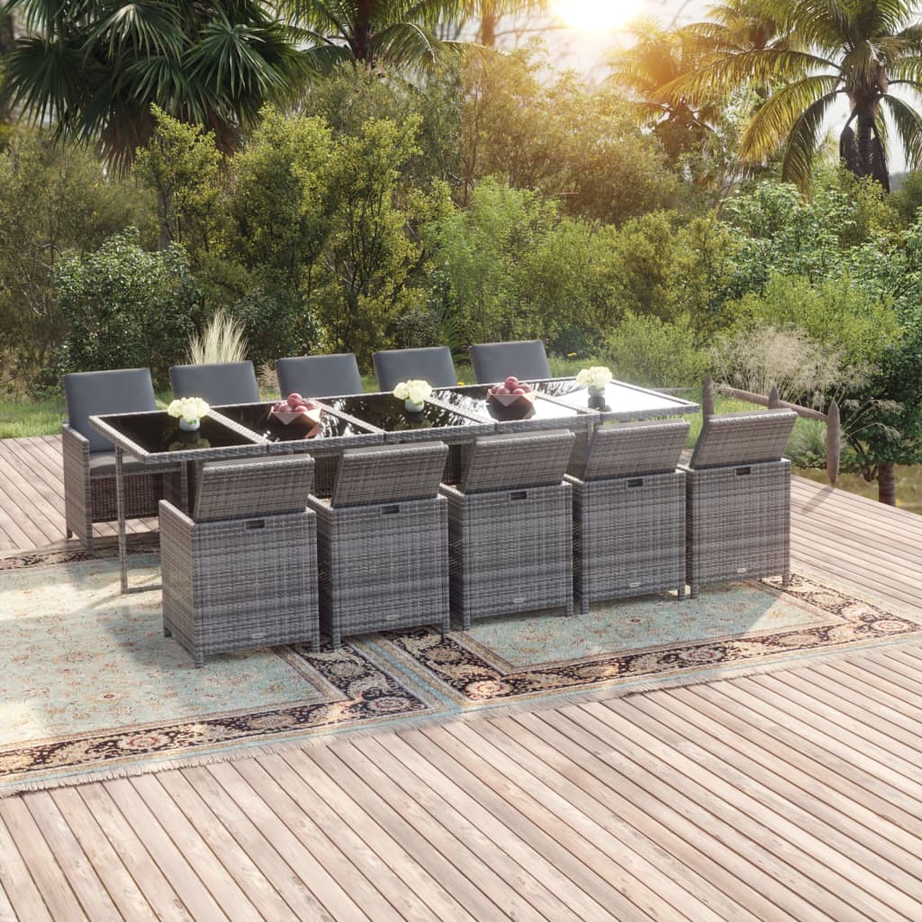 11-Tlg. Garten-Essgruppe Mit Kissen Poly Rattan Schwarz