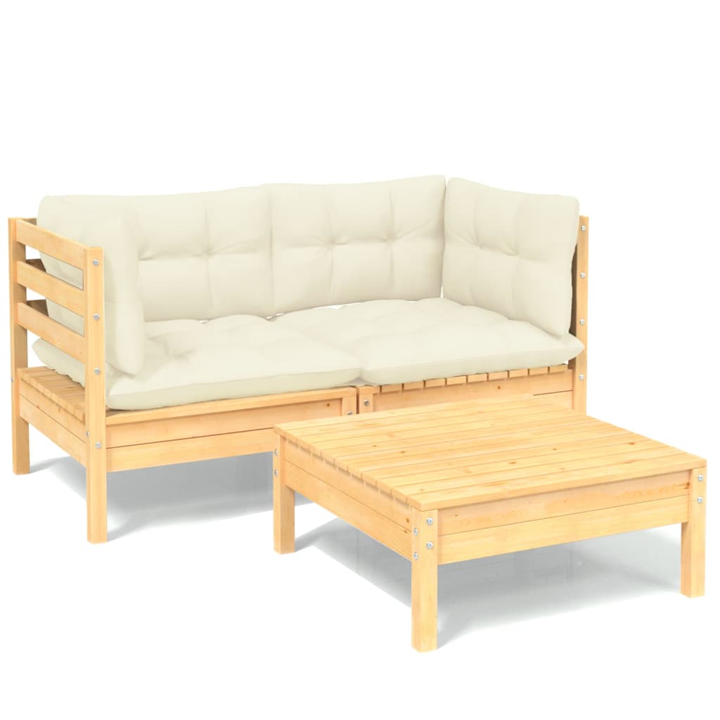 3-Tlg. Garten-Lounge-Set Mit Creme Kissen Kiefernholz