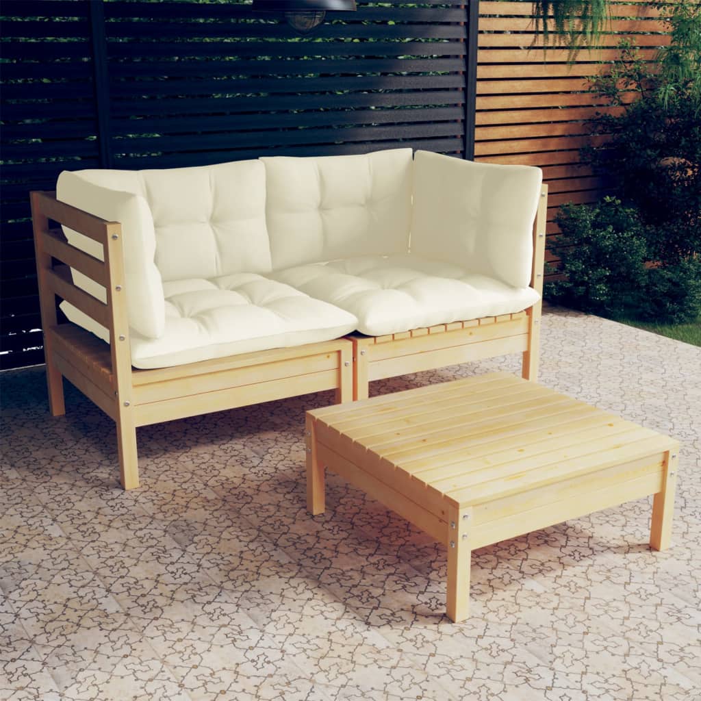 3-Tlg. Garten-Lounge-Set Mit Creme Kissen Kiefernholz