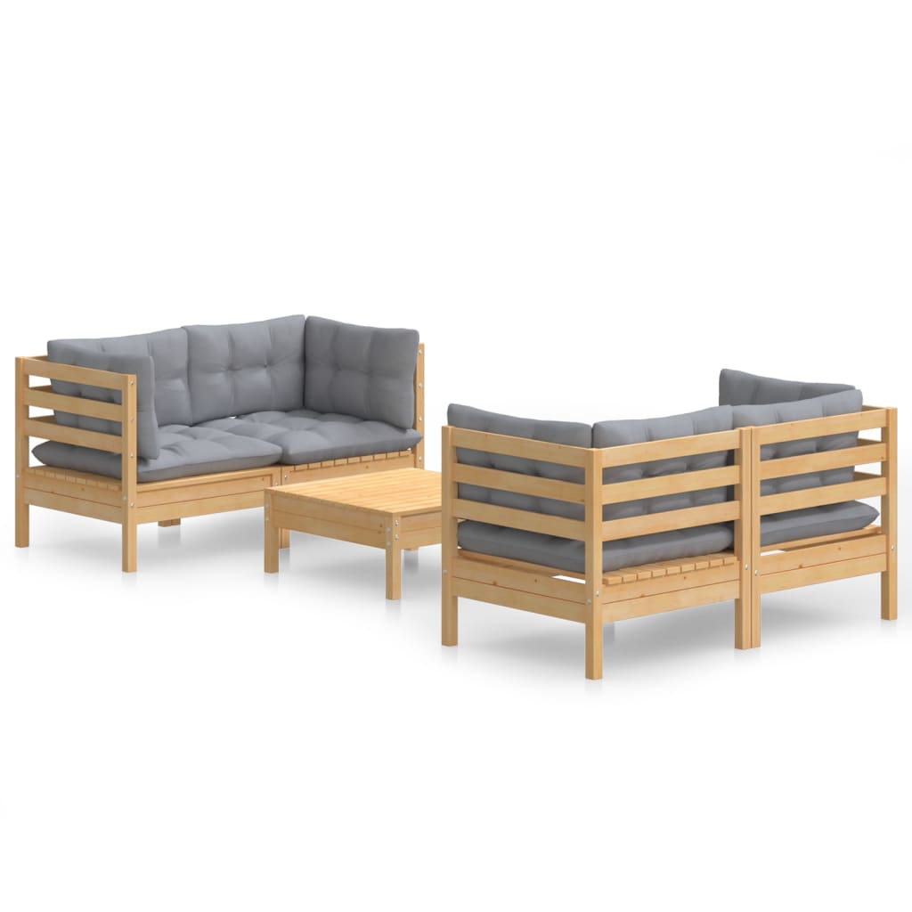 5-Tlg. Garten-Lounge-Set Mit Grauen Kissen Kiefernholz