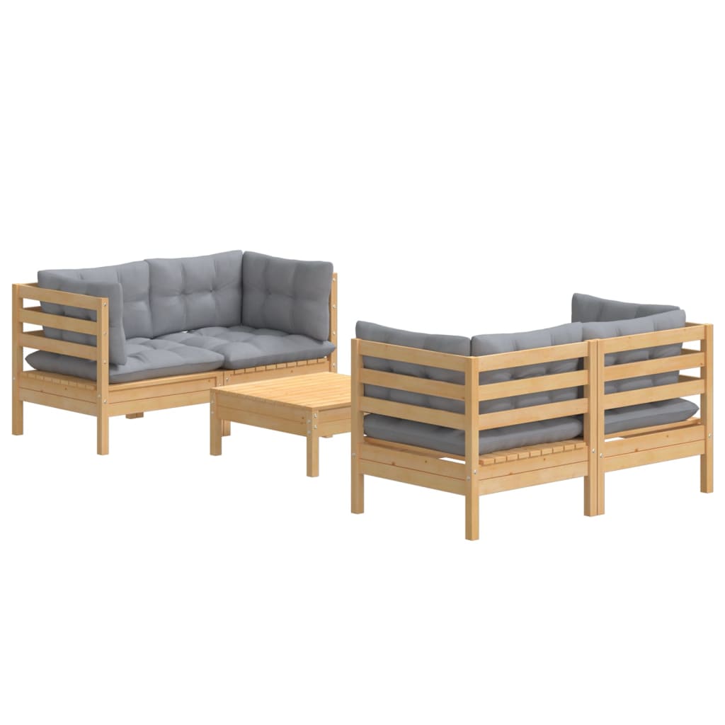 5-Tlg. Garten-Lounge-Set Mit Grauen Kissen Kiefernholz