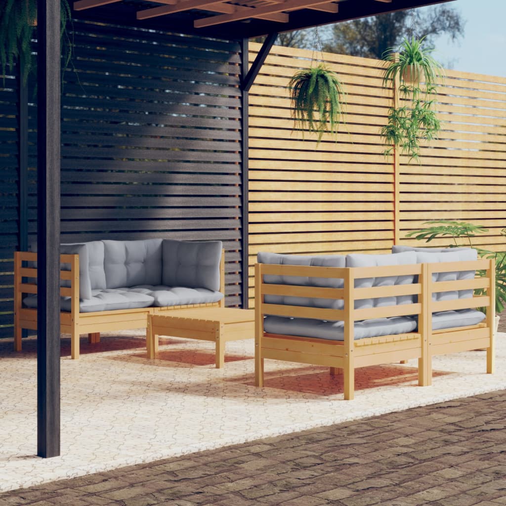 5-Tlg. Garten-Lounge-Set Mit Grauen Kissen Kiefernholz