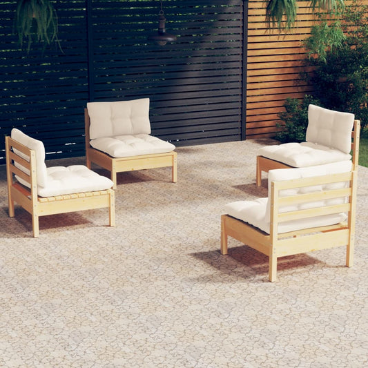 4-Tlg. Garten-Lounge-Set Mit Creme Kissen Kiefernholz