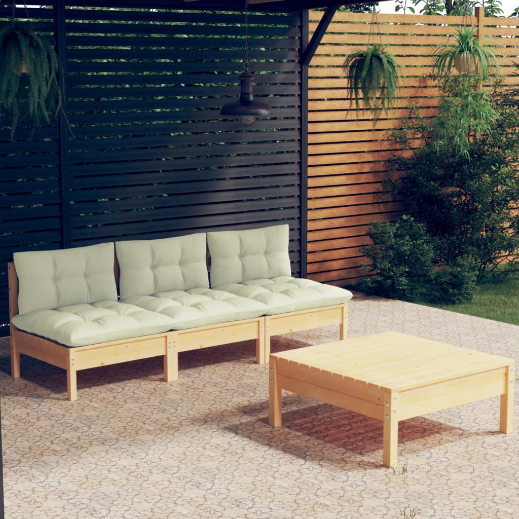 4-Tlg. Garten-Lounge-Set Mit Creme Kissen Kiefernholz