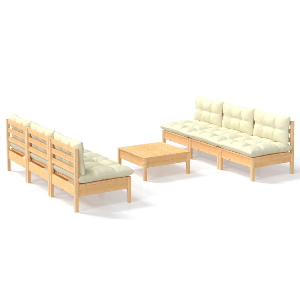 7-Tlg. Garten-Lounge-Set Mit Creme Kissen Kiefernholz