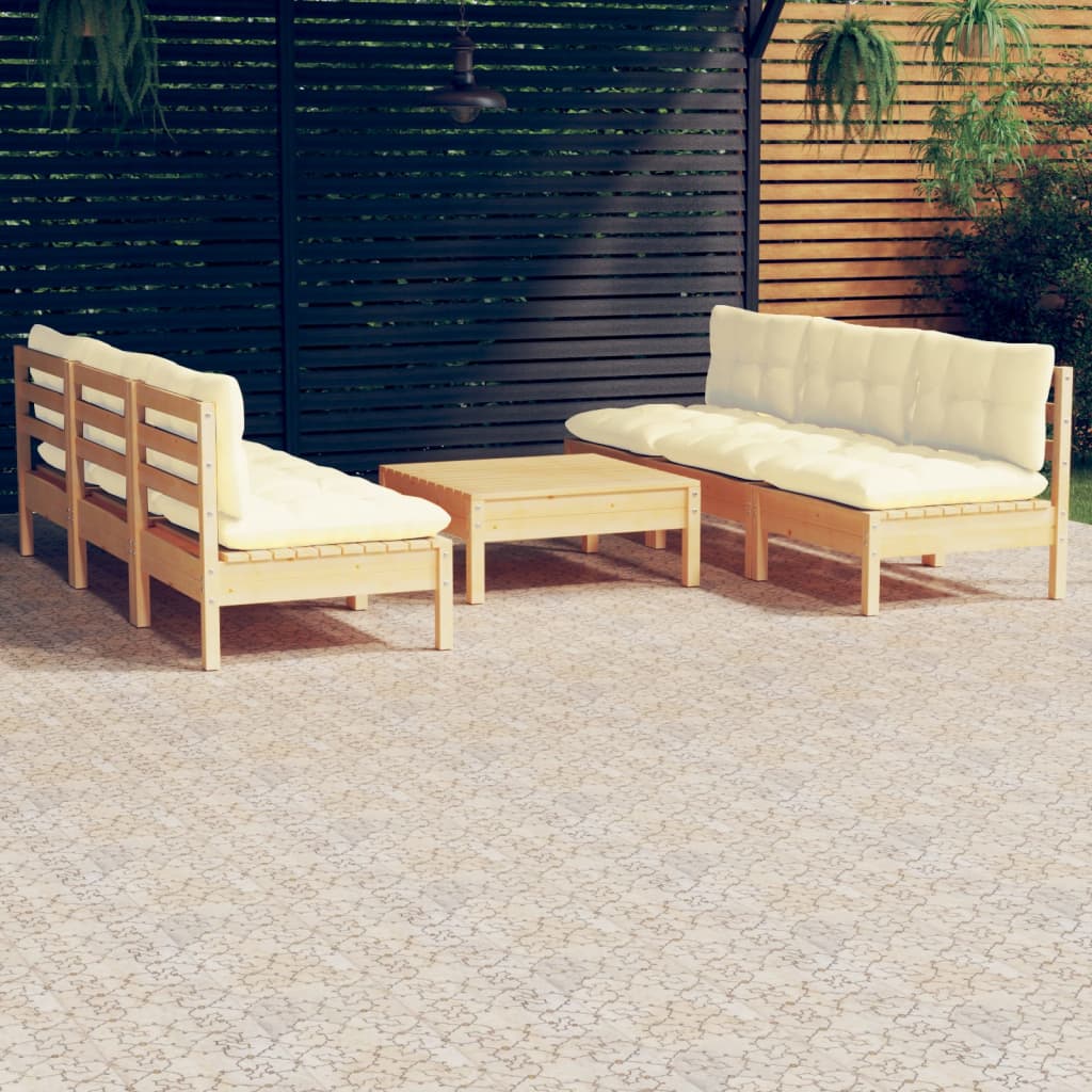 7-Tlg. Garten-Lounge-Set Mit Creme Kissen Kiefernholz