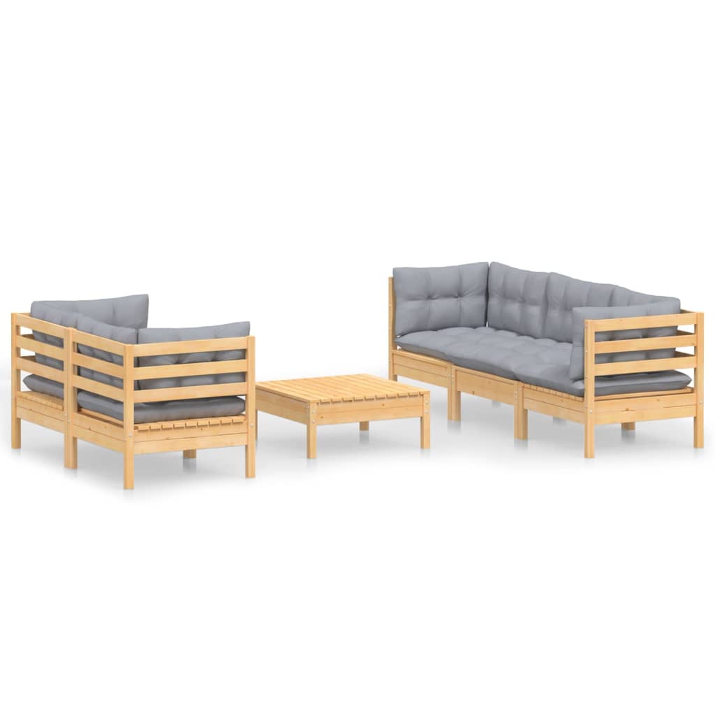 6-Tlg. Garten-Lounge-Set Mit Grauen Kissen Kiefernholz