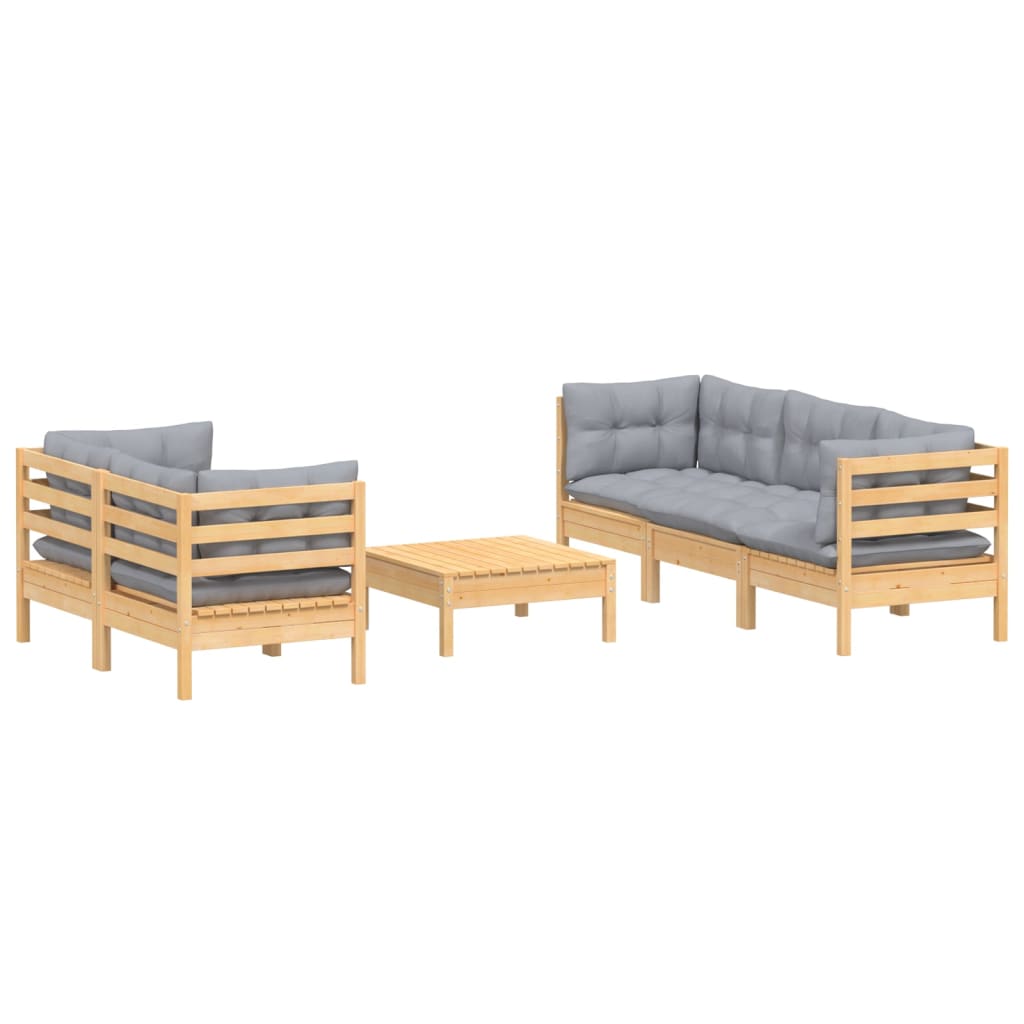6-Tlg. Garten-Lounge-Set Mit Grauen Kissen Kiefernholz