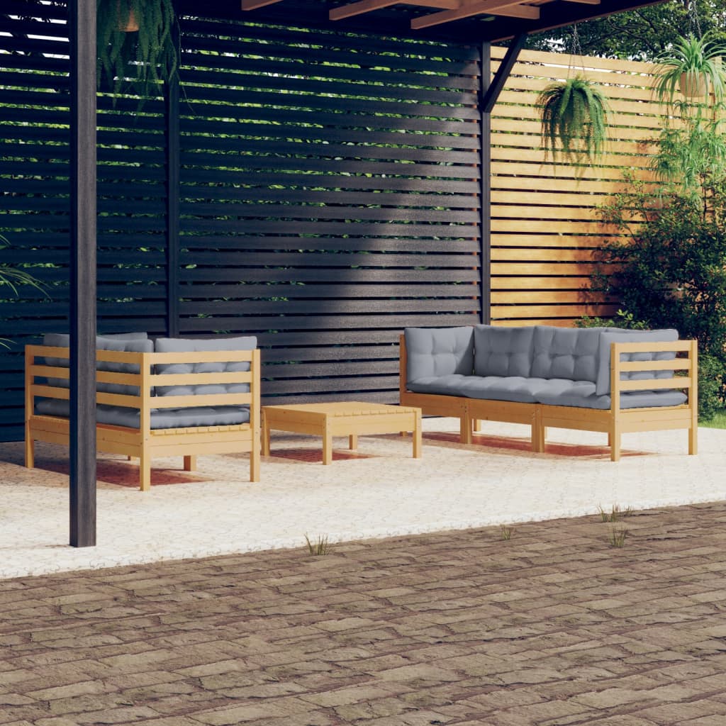 6-Tlg. Garten-Lounge-Set Mit Grauen Kissen Kiefernholz