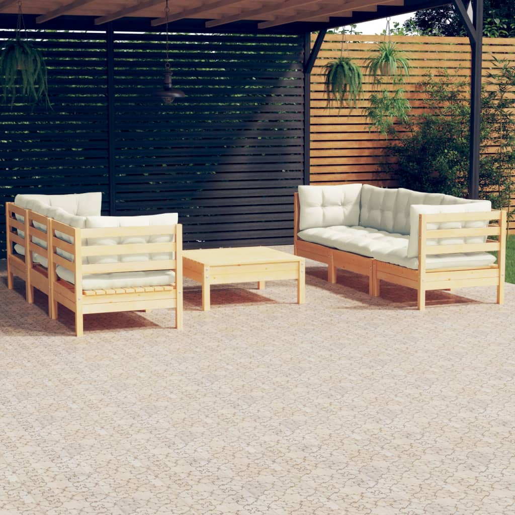 7-Tlg. Garten-Lounge-Set Mit Creme Kissen Kiefernholz