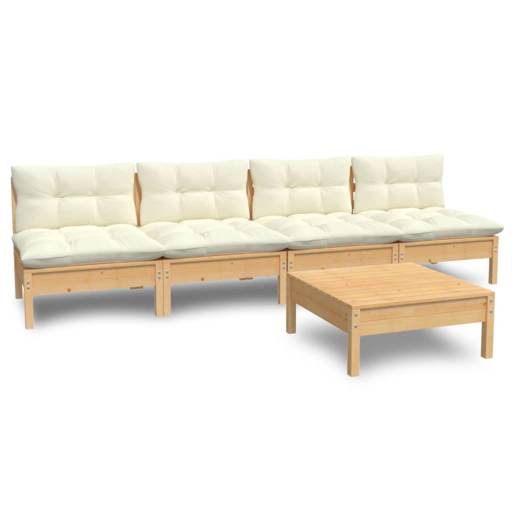5-Tlg. Garten-Lounge-Set Mit Creme Kissen Kiefernholz