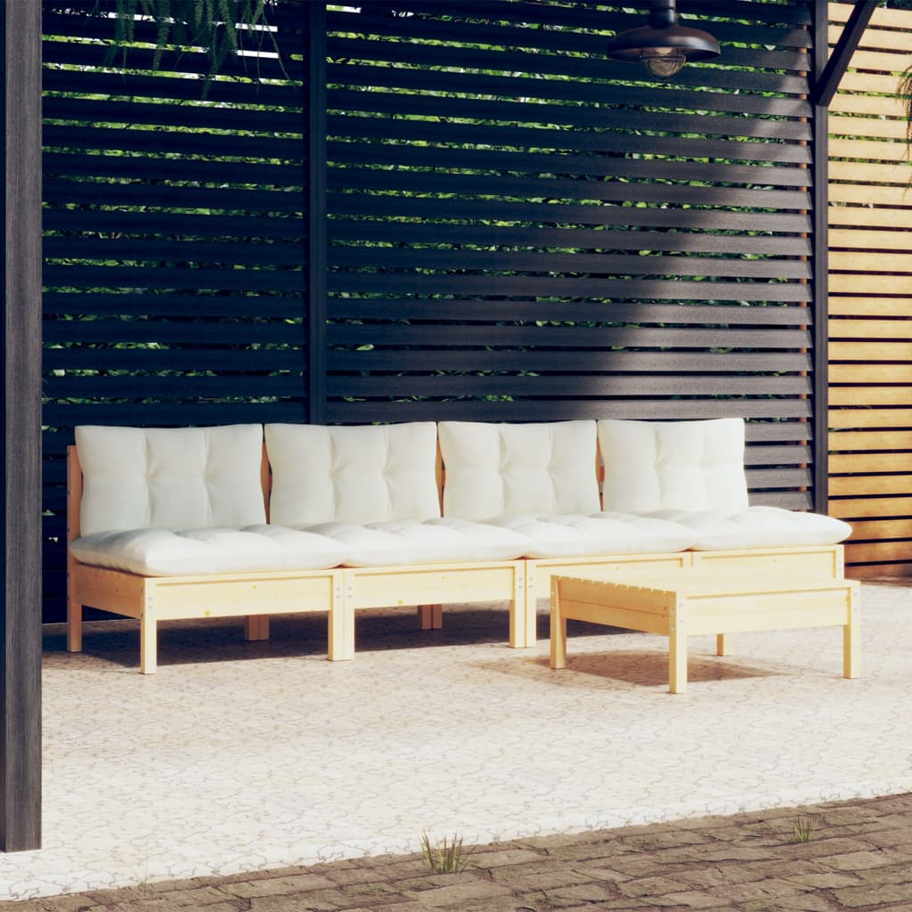 5-Tlg. Garten-Lounge-Set Mit Creme Kissen Kiefernholz