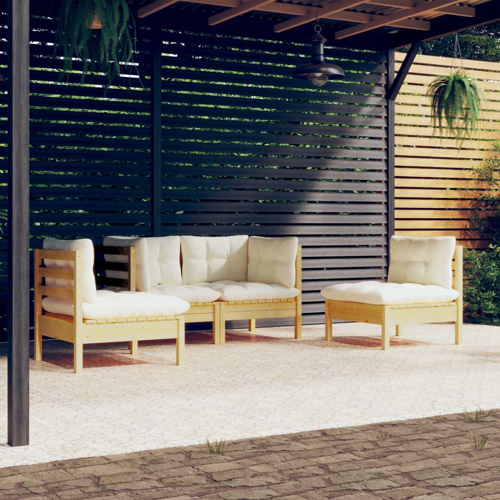 4-Tlg. Garten-Lounge-Set Mit Creme Kissen Massivholz Kiefer