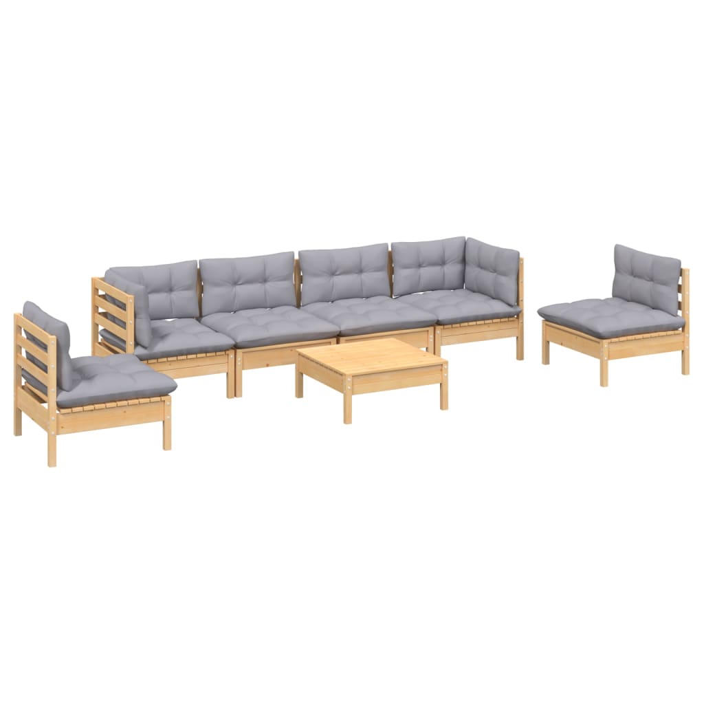 7-Tlg. Garten-Lounge-Set Mit Grauen Kissen Kiefer Massivholz