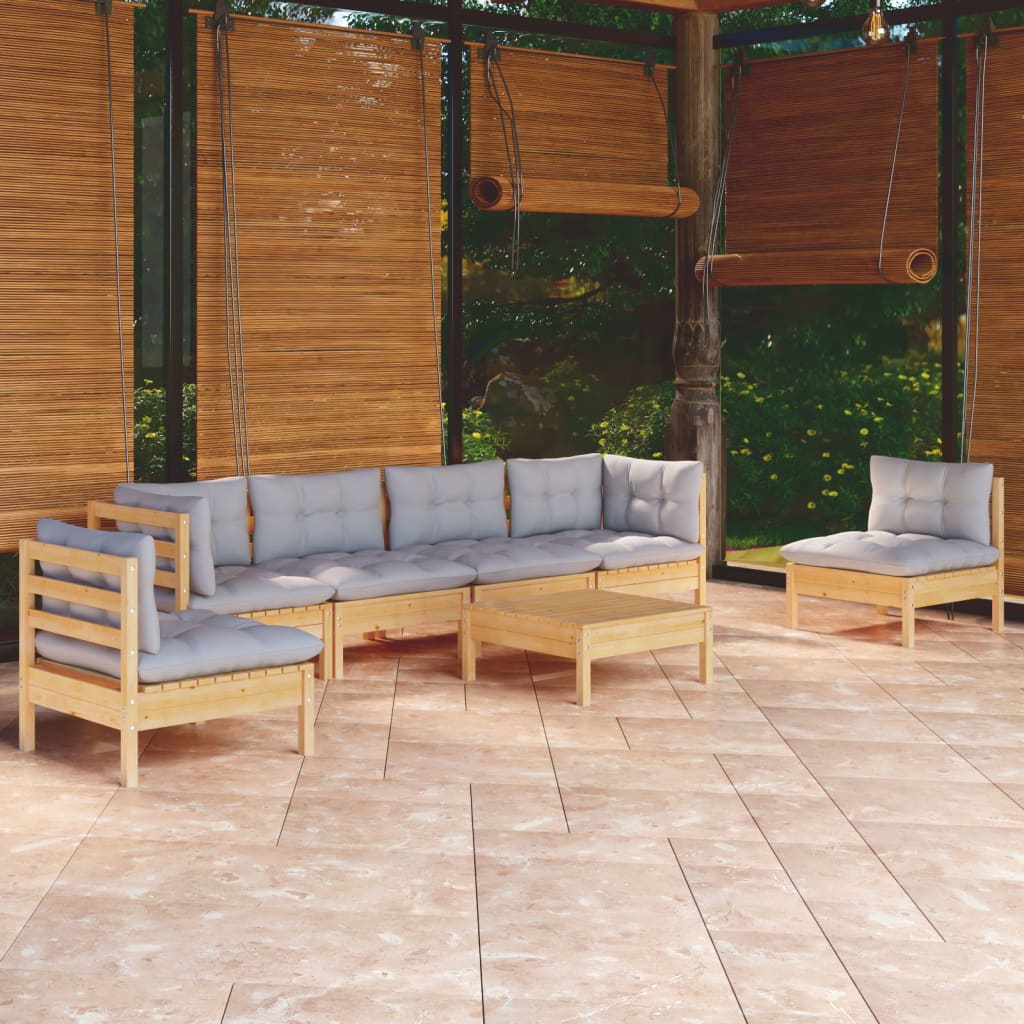 7-Tlg. Garten-Lounge-Set Mit Grauen Kissen Kiefer Massivholz
