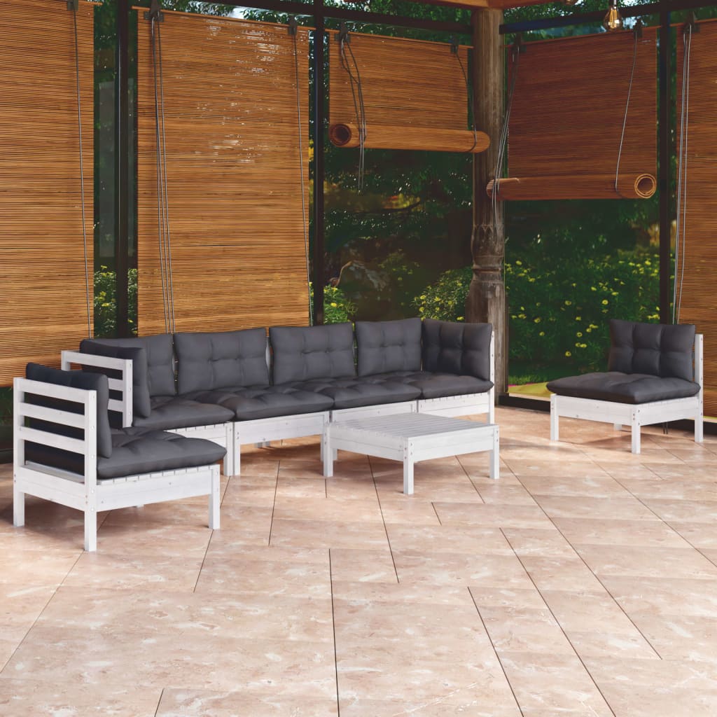 7-Tlg. Garten-Lounge-Set Mit Grauen Kissen Kiefer Massivholz