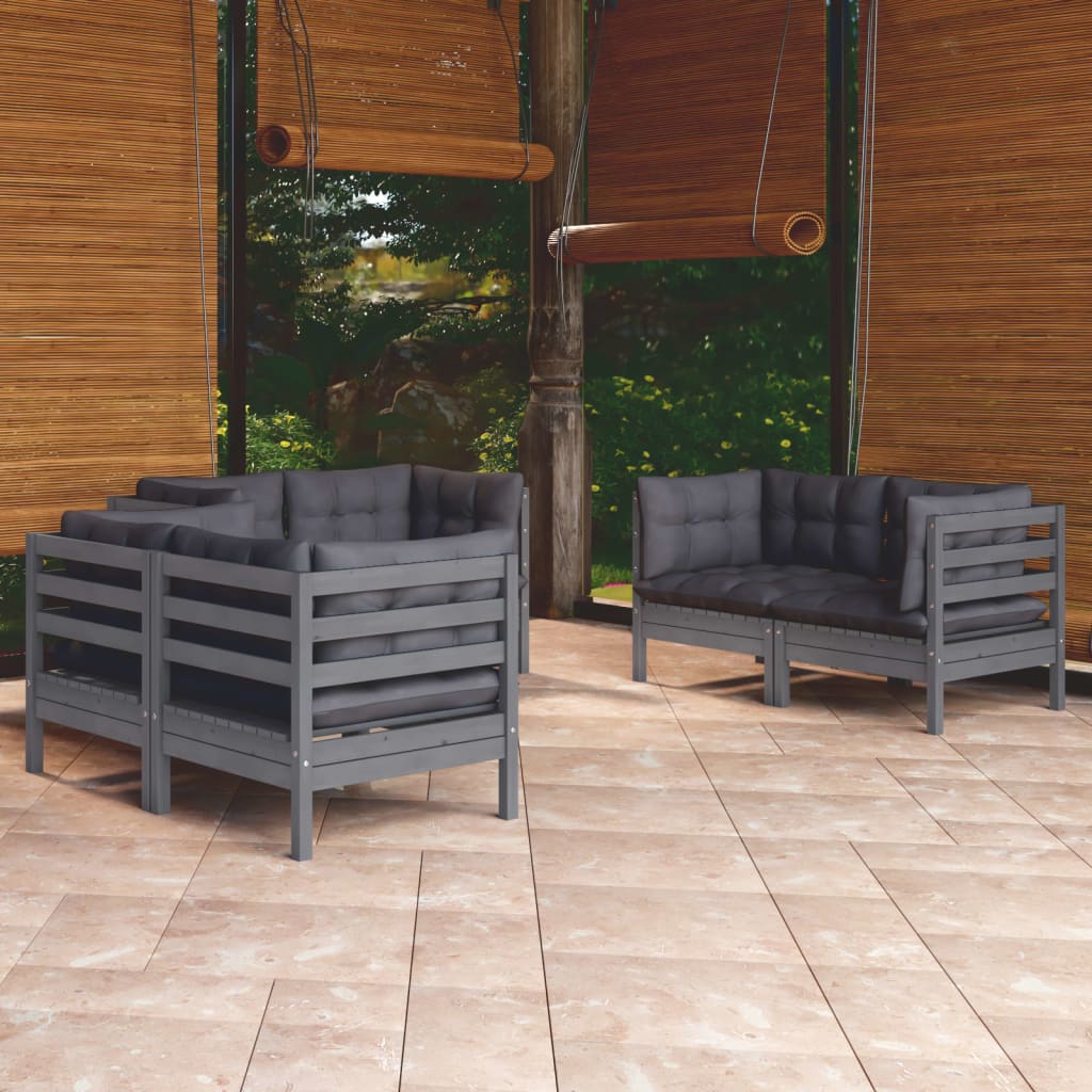 6-Tlg. Garten-Lounge-Set Mit Grauen Kissen Kiefer Massivholz