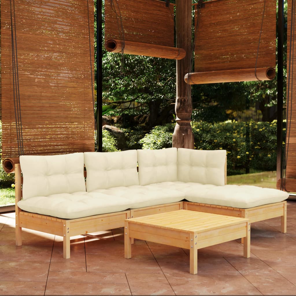 5-Tlg. Garten-Lounge-Set Mit Creme Kissen Kiefernholz