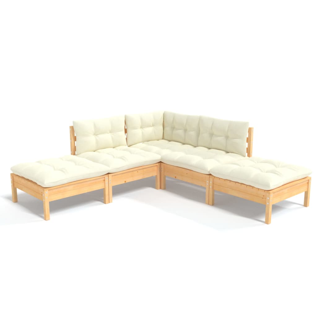 5-Tlg. Garten-Lounge-Set Mit Creme Kissen Kiefernholz