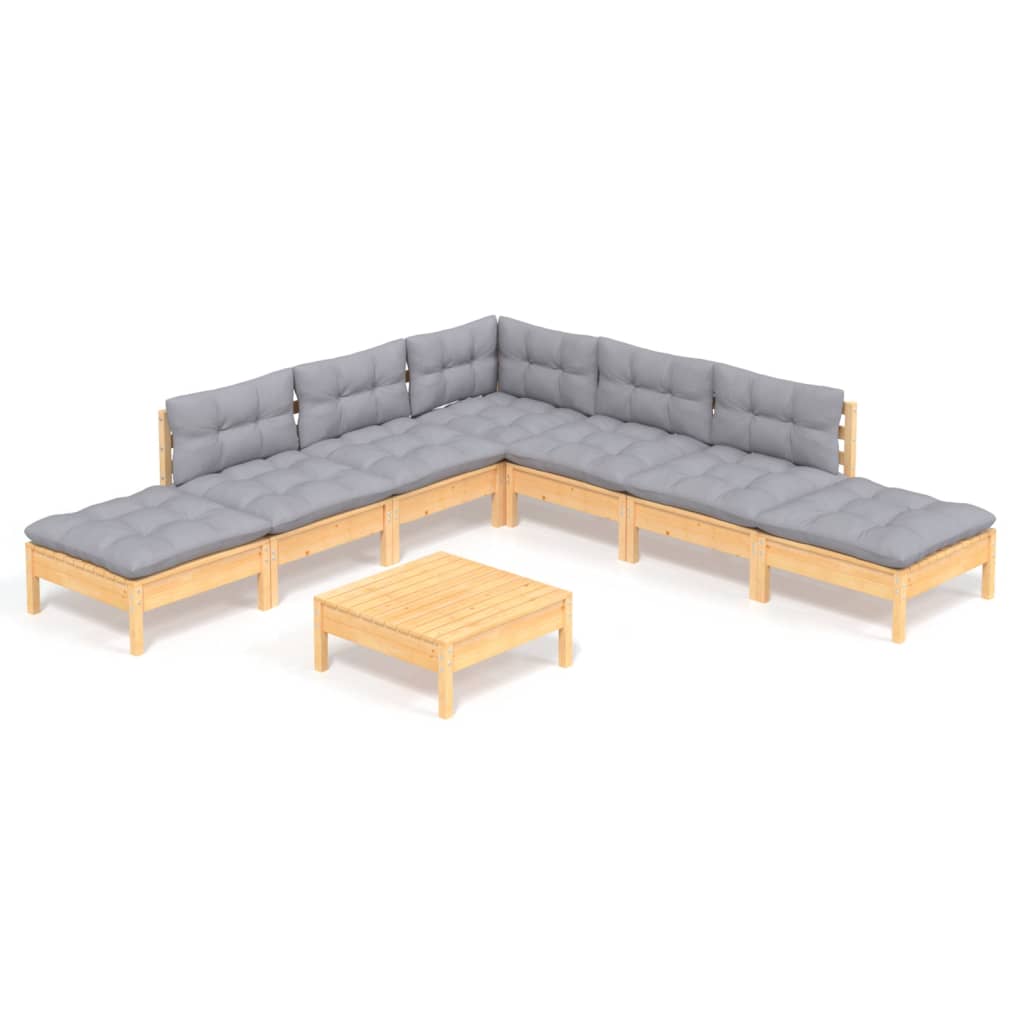 8-Tlg. Garten-Lounge-Set Mit Grauen Kissen Kiefernholz