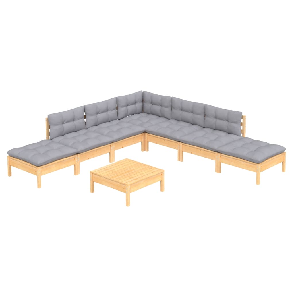 8-Tlg. Garten-Lounge-Set Mit Grauen Kissen Kiefernholz