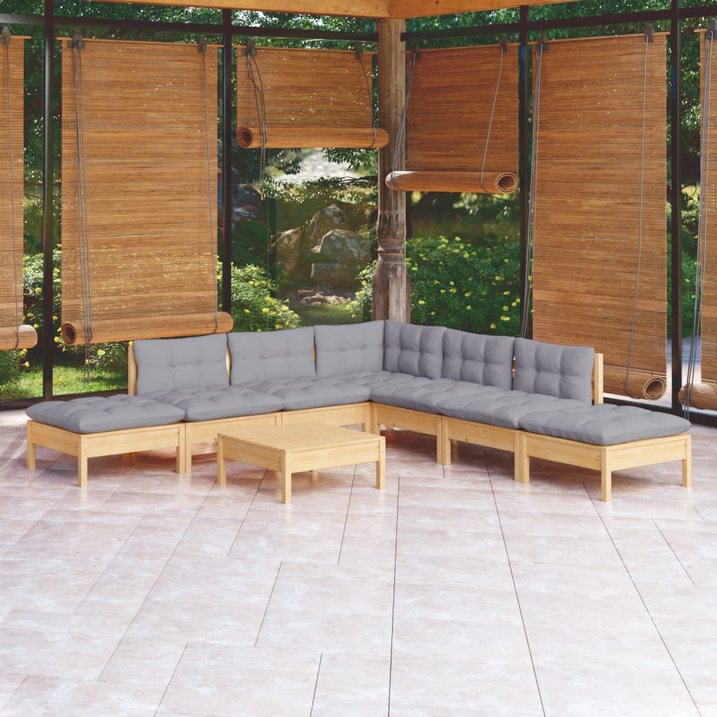 8-Tlg. Garten-Lounge-Set Mit Grauen Kissen Kiefernholz