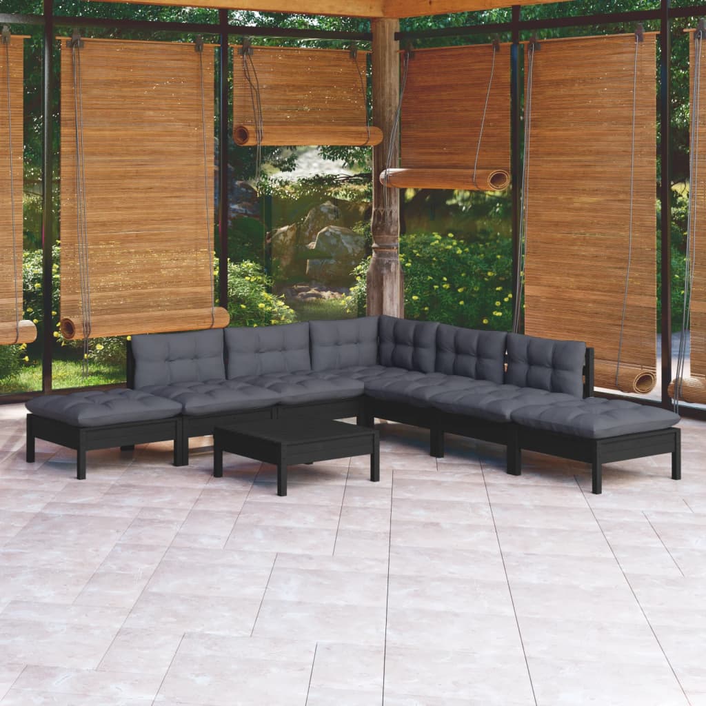 8-Tlg. Garten-Lounge-Set Mit Grauen Kissen Kiefernholz