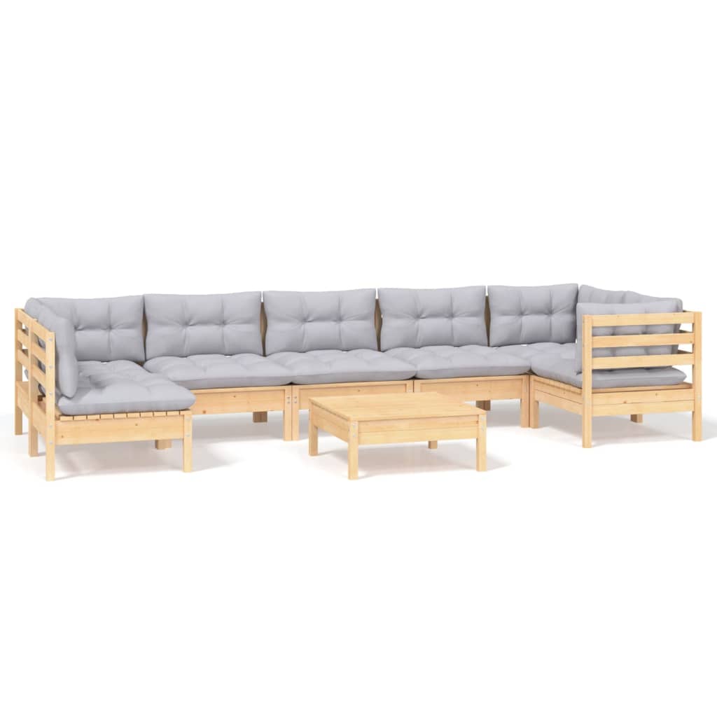 8-Tlg. Garten-Lounge-Set Mit Grauen Kissen Kiefernholz