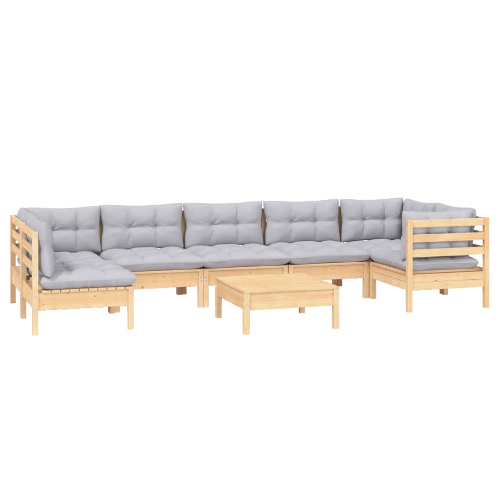 8-Tlg. Garten-Lounge-Set Mit Grauen Kissen Kiefernholz