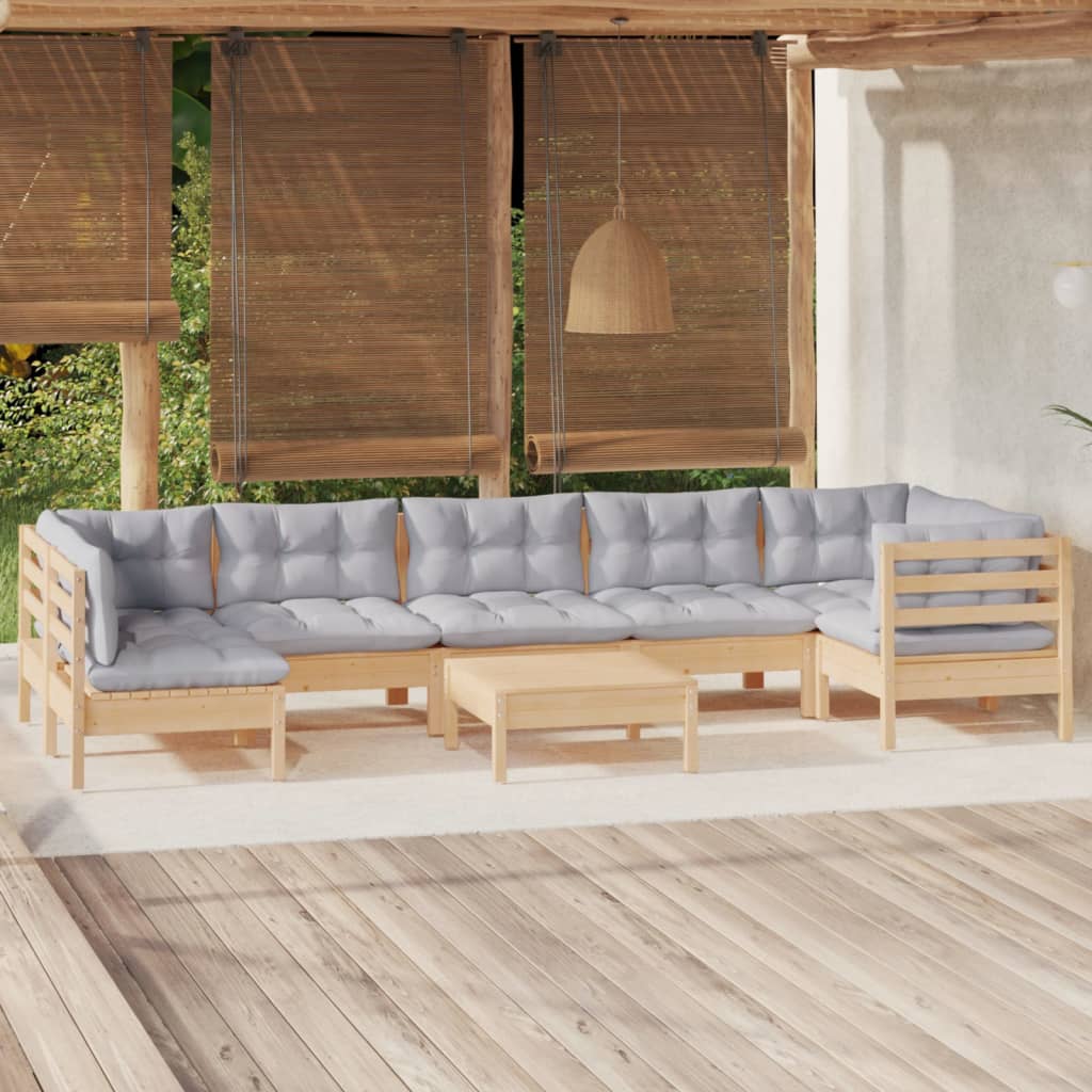 8-Tlg. Garten-Lounge-Set Mit Grauen Kissen Kiefernholz