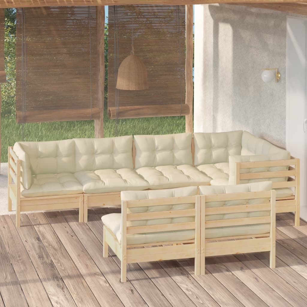 7-Tlg. Garten-Lounge-Set Mit Creme Kissen Massivholz Kiefer