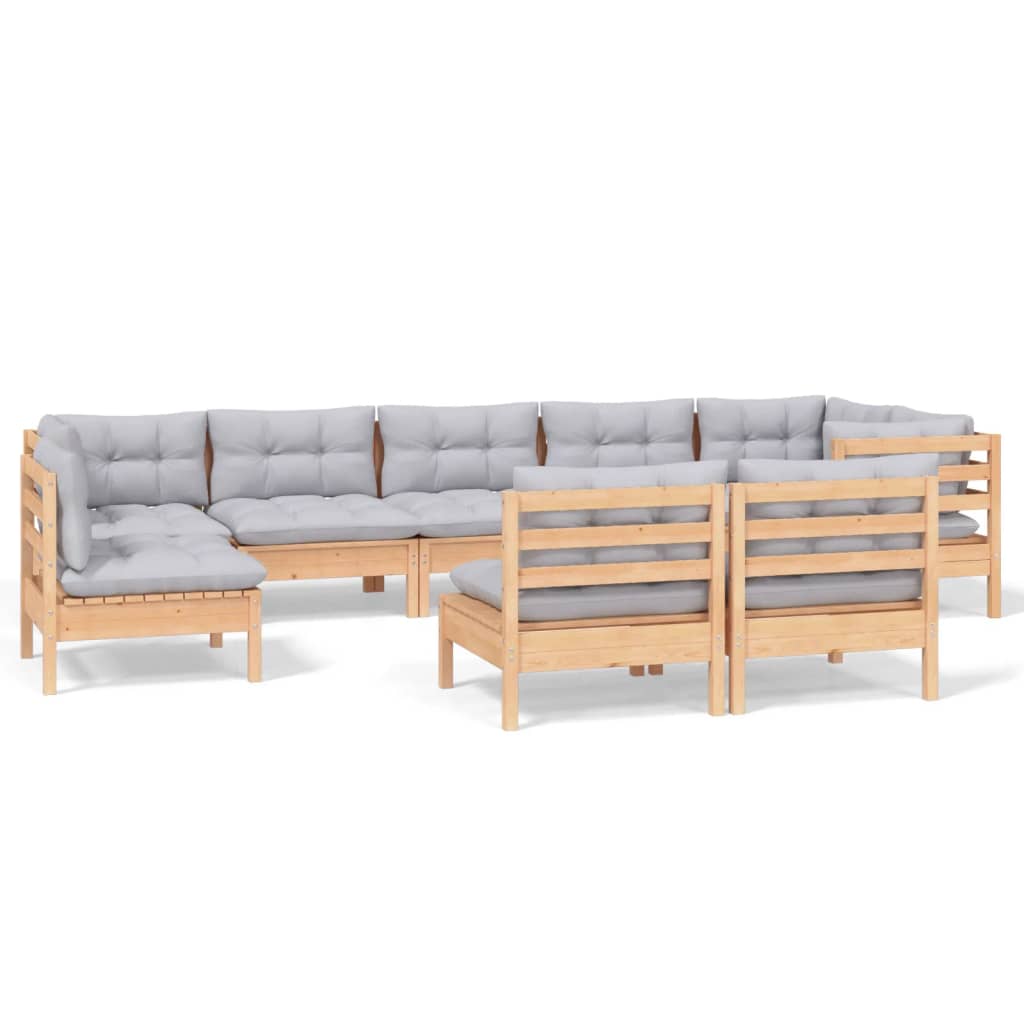 9-Tlg. Garten-Lounge-Set Mit Grauen Kissen Kiefer Massivholz