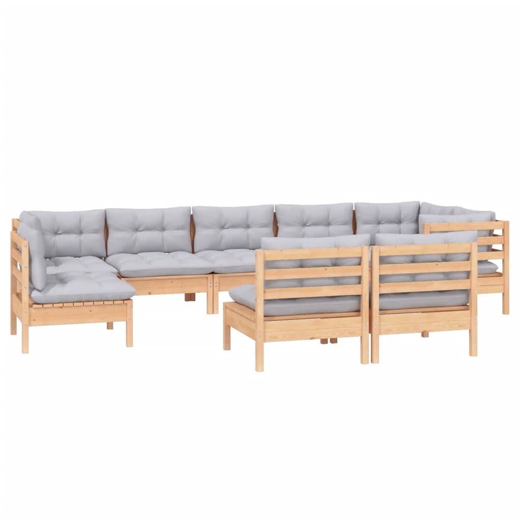 9-Tlg. Garten-Lounge-Set Mit Grauen Kissen Kiefer Massivholz