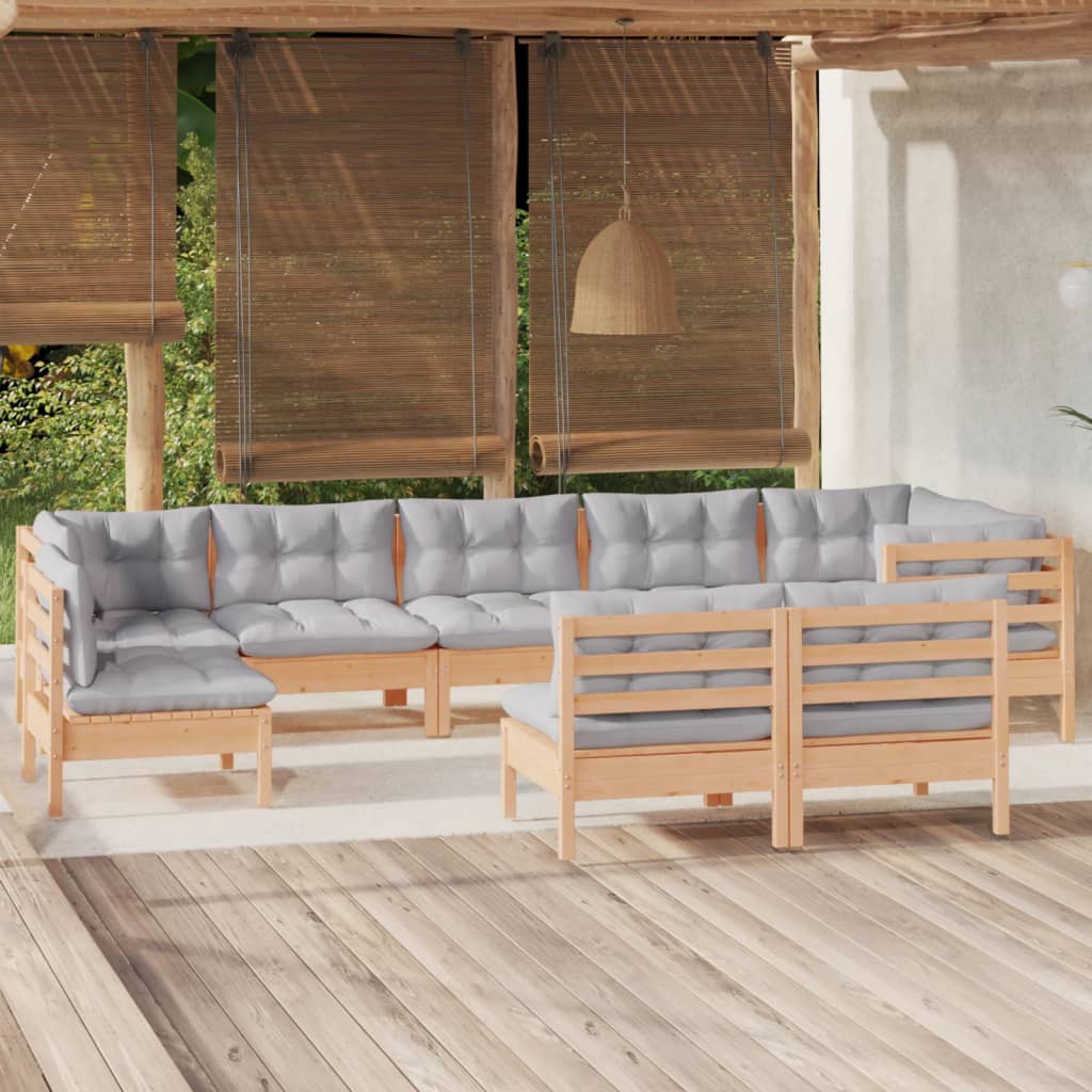 9-Tlg. Garten-Lounge-Set Mit Grauen Kissen Kiefer Massivholz