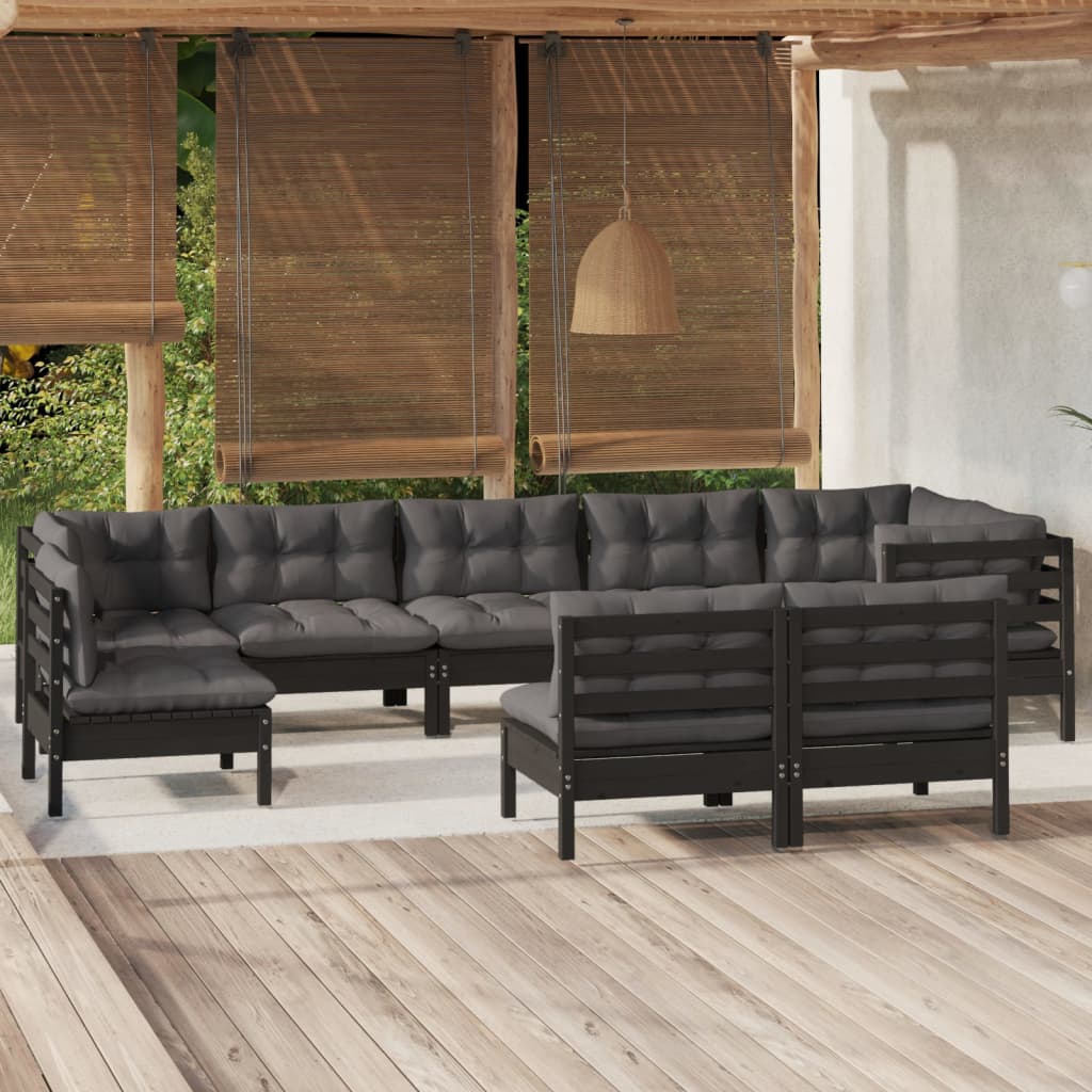 9-Tlg. Garten-Lounge-Set Mit Grauen Kissen Kiefer Massivholz