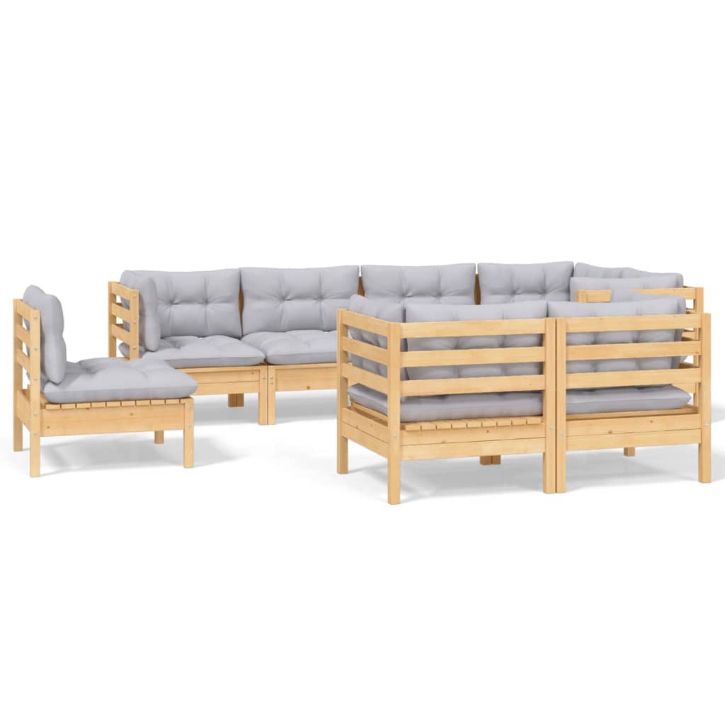 8-Tlg. Garten-Lounge-Set Mit Grauen Kissen Kiefer Massivholz