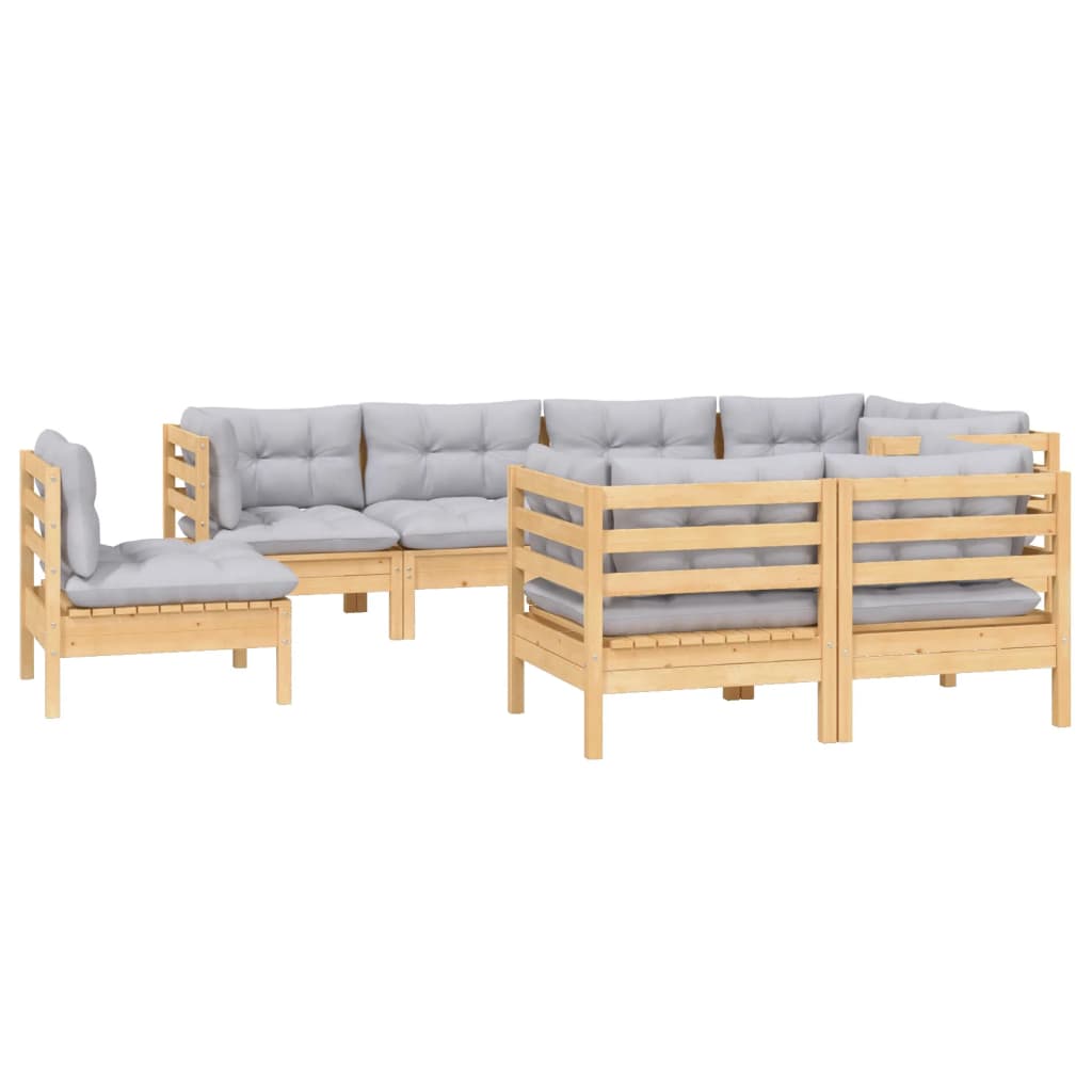8-Tlg. Garten-Lounge-Set Mit Grauen Kissen Kiefer Massivholz