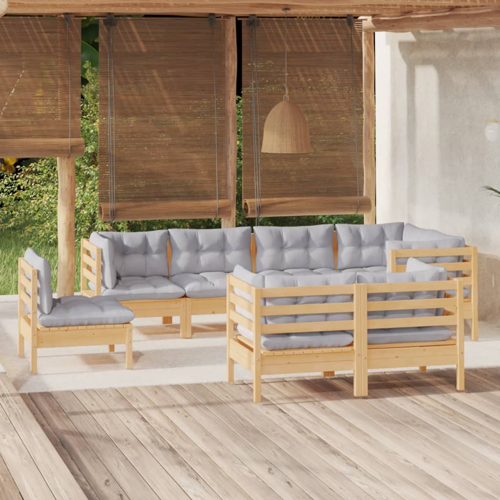 8-Tlg. Garten-Lounge-Set Mit Grauen Kissen Kiefer Massivholz