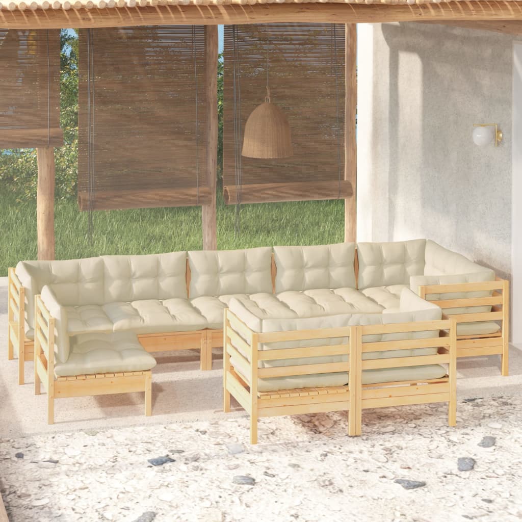 9-Tlg. Garten-Lounge-Set Mit Creme Kissen Massivholz Kiefer