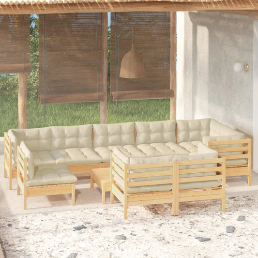 10-Tlg. Garten-Lounge-Set Mit Creme Kissen Massivholz Kiefer