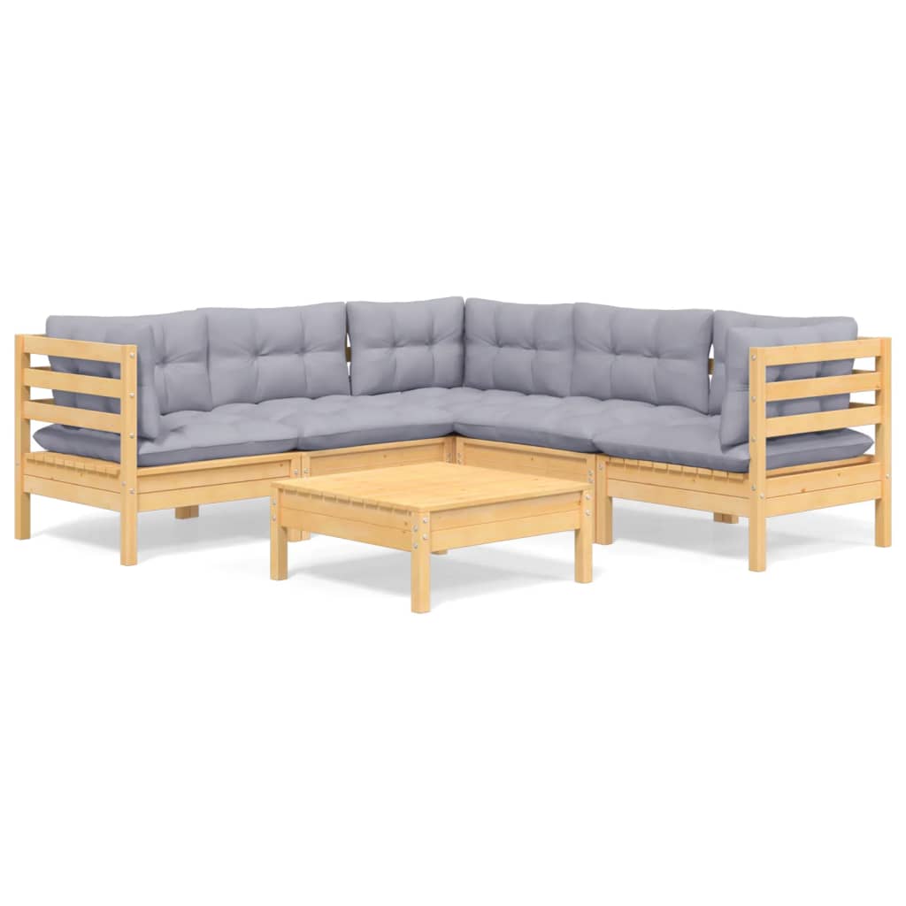 6-Tlg. Garten-Lounge-Set Mit Grauen Kissen Kiefer Massivholz