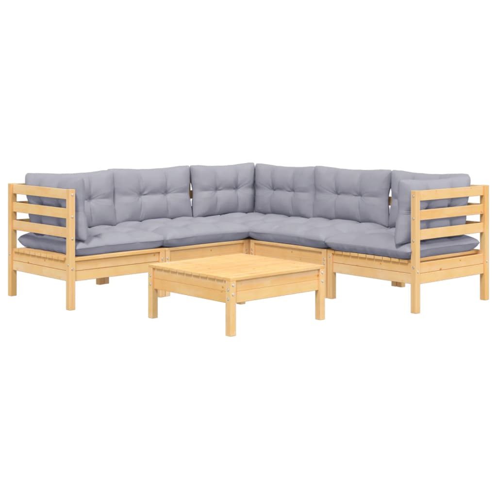 6-Tlg. Garten-Lounge-Set Mit Grauen Kissen Kiefer Massivholz