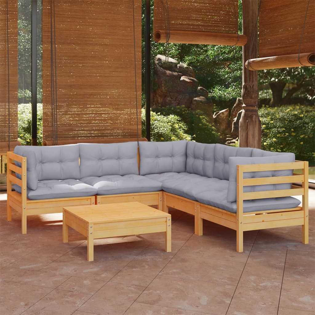 6-Tlg. Garten-Lounge-Set Mit Grauen Kissen Kiefer Massivholz