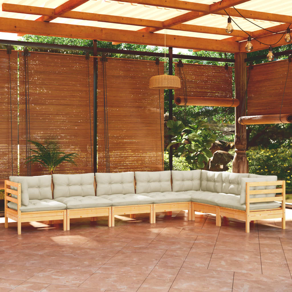 7-Tlg. Garten-Lounge-Set Mit Creme Kissen Massivholz Kiefer