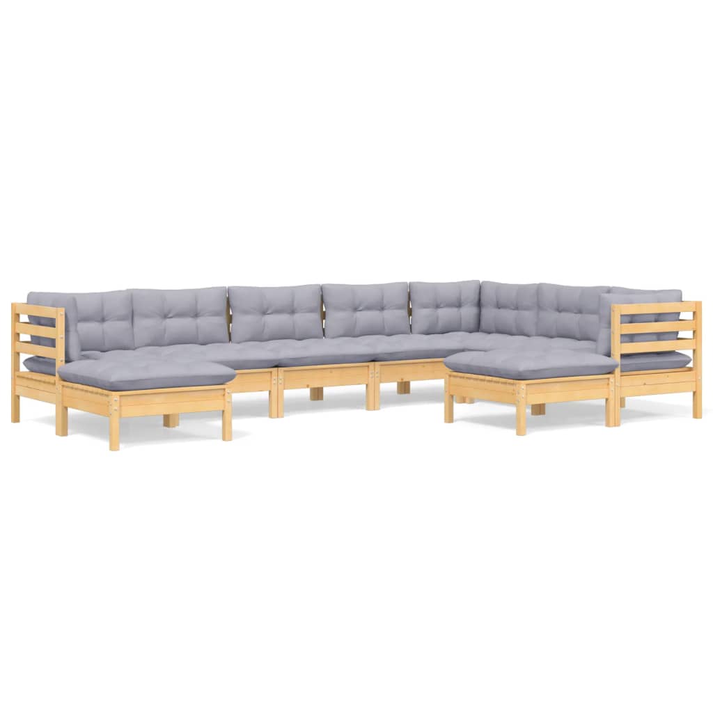9-Tlg. Garten-Lounge-Set Mit Grauen Kissen Kiefer Massivholz