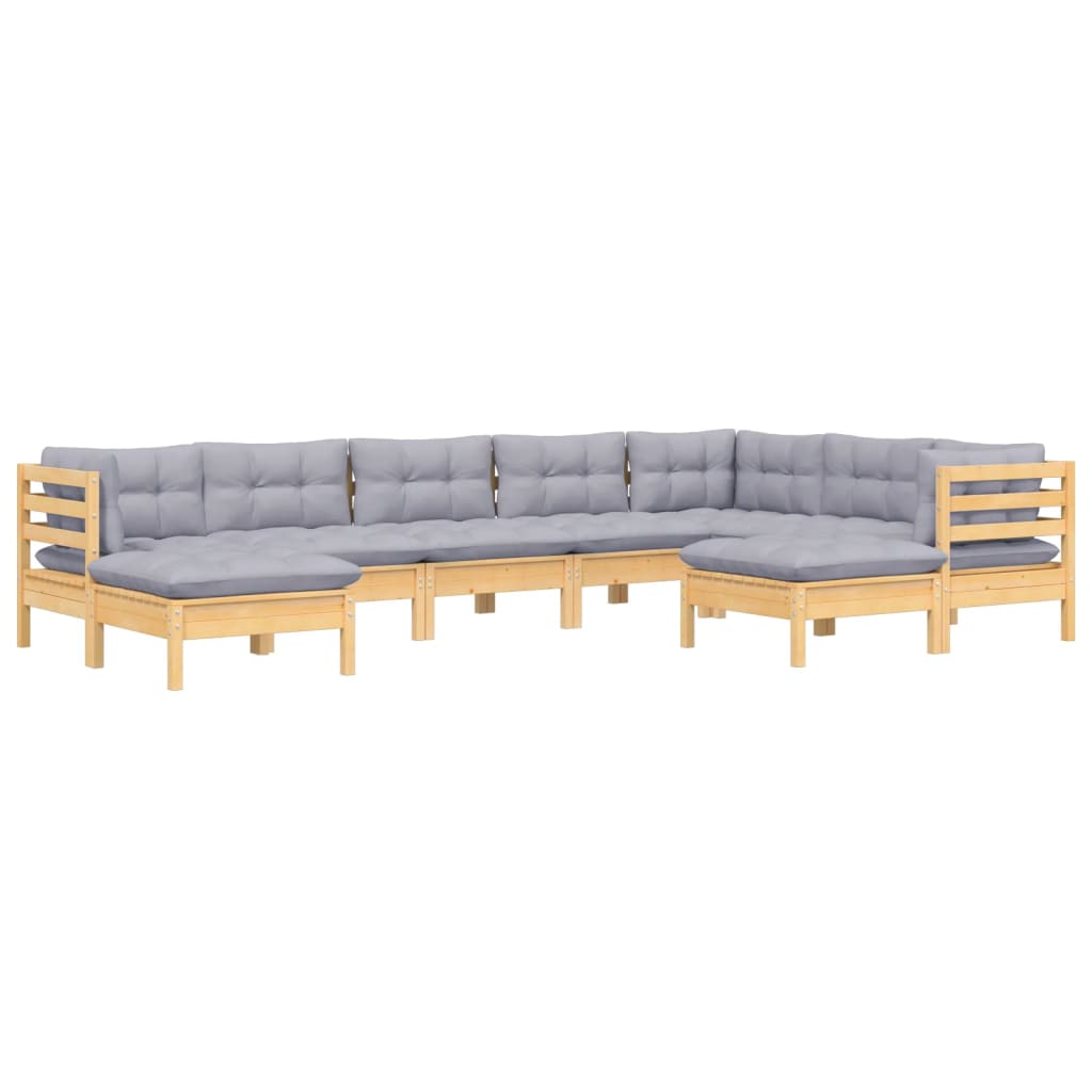 9-Tlg. Garten-Lounge-Set Mit Grauen Kissen Kiefer Massivholz