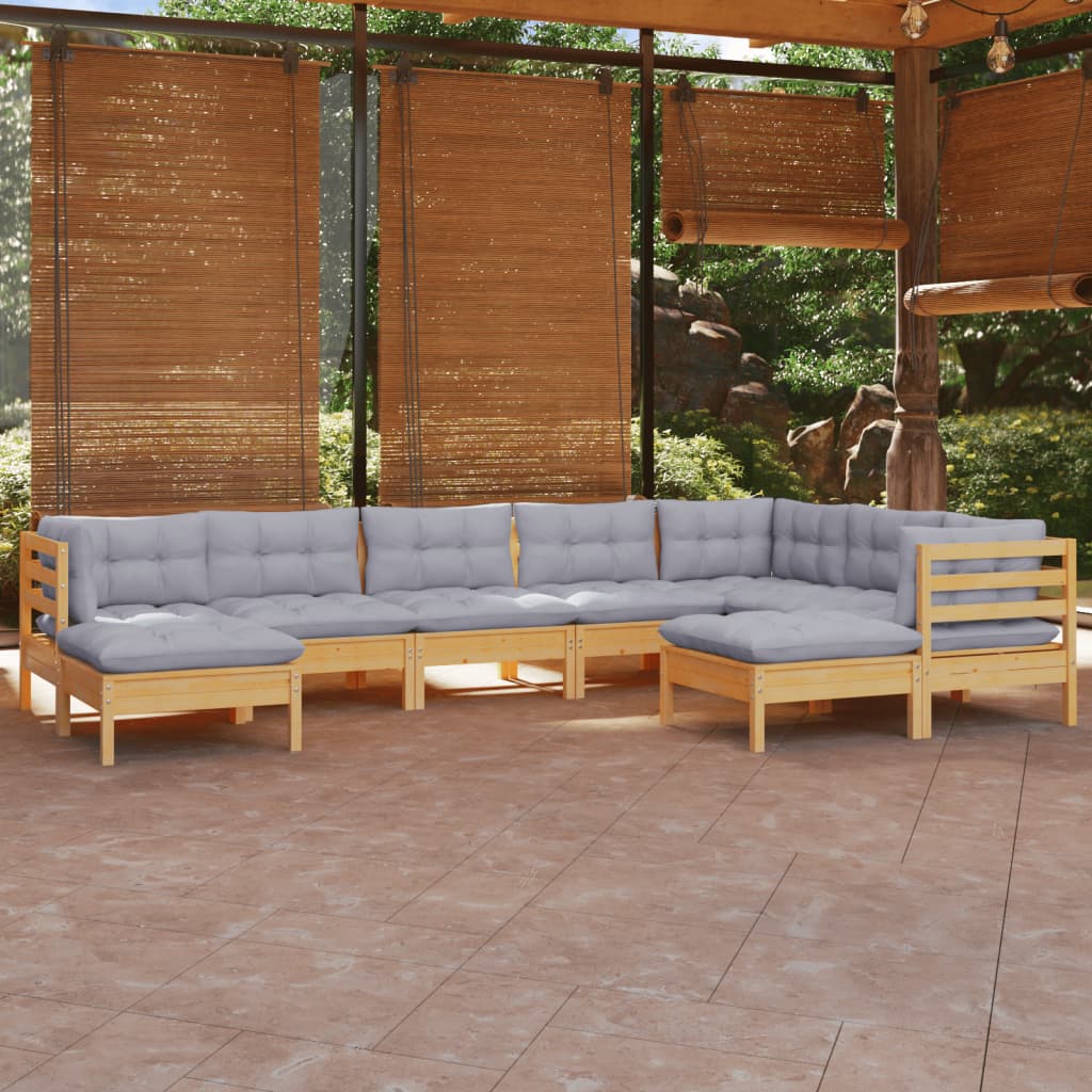 9-Tlg. Garten-Lounge-Set Mit Grauen Kissen Kiefer Massivholz