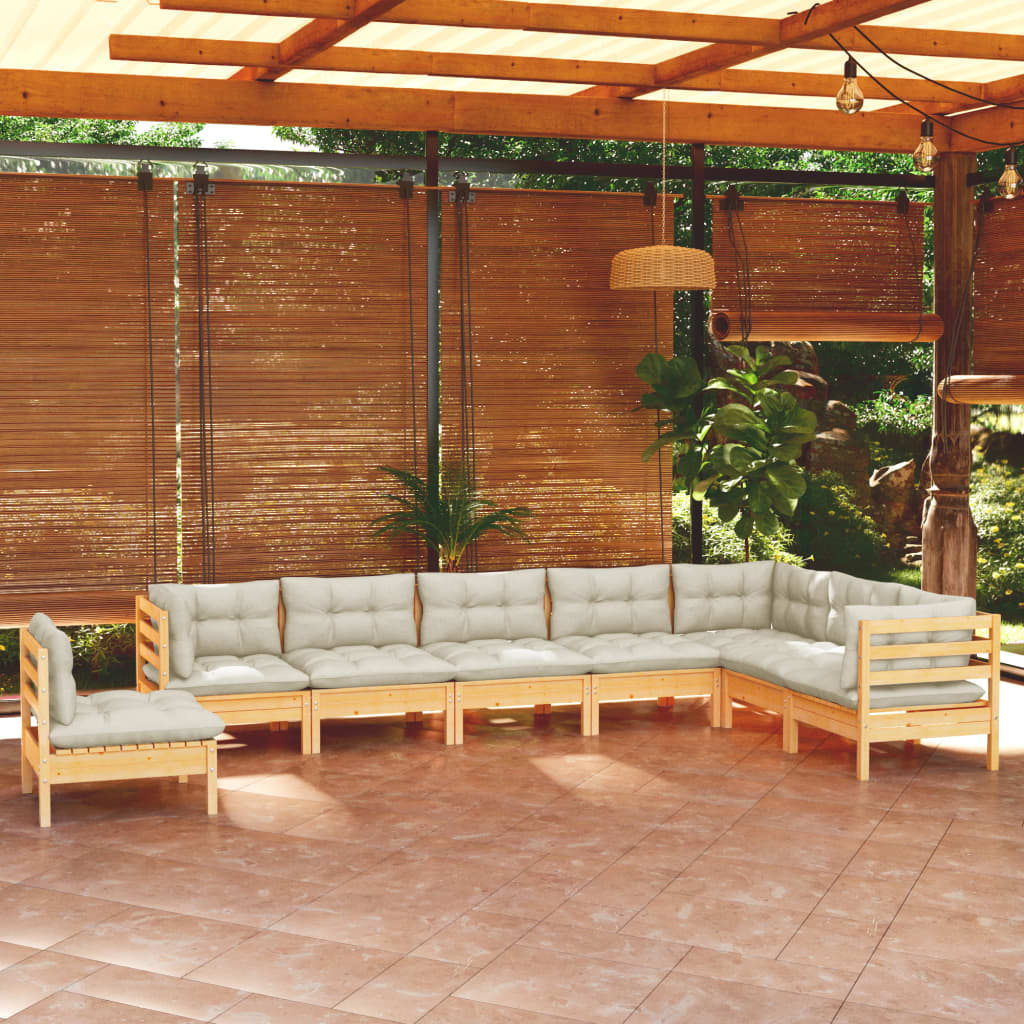 8-Tlg. Garten-Lounge-Set Mit Creme Kissen Massivholz Kiefer