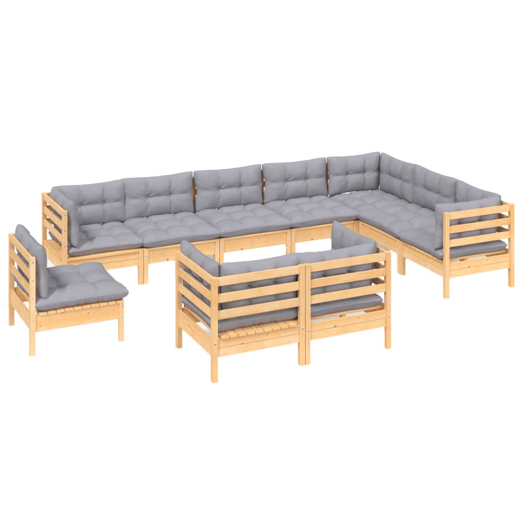 10-Tlg. Garten-Lounge-Set Mit Grauen Kissen Kiefer Massivholz